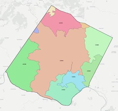 Fluvanna County VA ZIP code boundaries map
