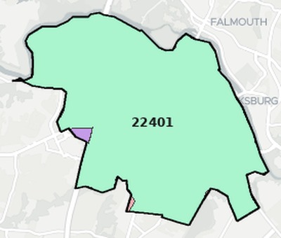 Fredericksburg County VA ZIP code boundaries map