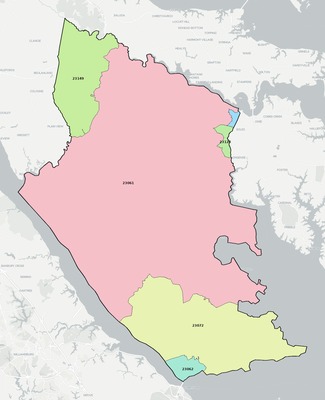Gloucester County VA ZIP code boundaries map
