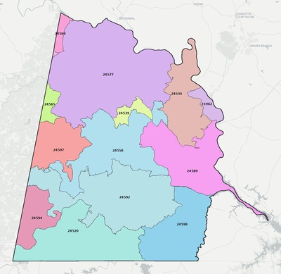 Halifax County VA ZIP code boundaries map