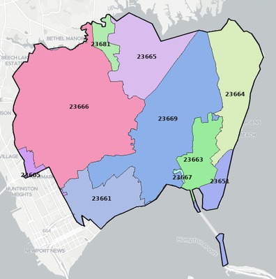 Hampton County VA ZIP code boundaries map