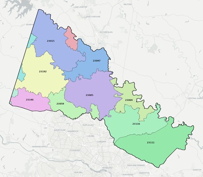 Hanover County VA ZIP code boundaries map