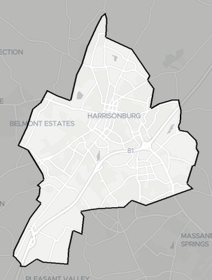 Harrisonburg County VA county basemap context