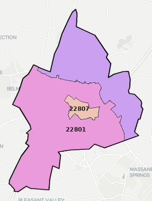 Harrisonburg County VA ZIP code boundaries map
