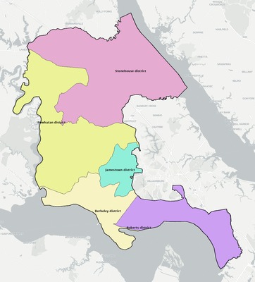 James City County VA townships and subdivisions map
