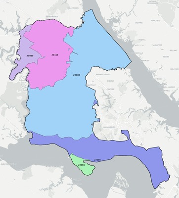James City County VA ZIP code boundaries map