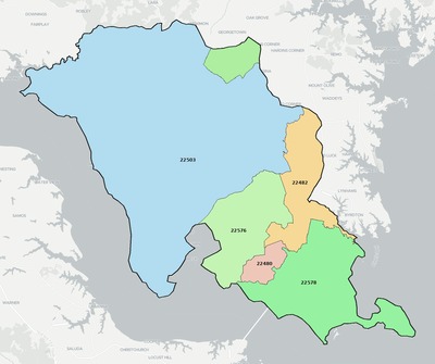 Lancaster County VA ZIP code boundaries map