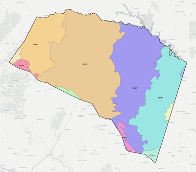 Louisa County VA ZIP code boundaries map