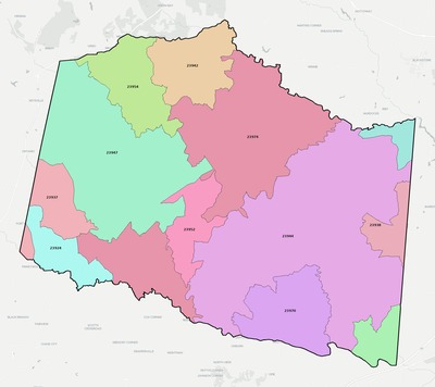 Lunenburg County VA ZIP code boundaries map