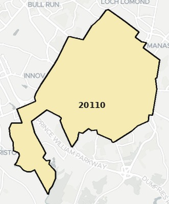 Manassas County VA ZIP code boundaries map