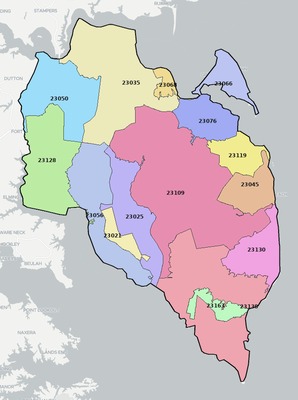 Mathews County VA ZIP code boundaries map