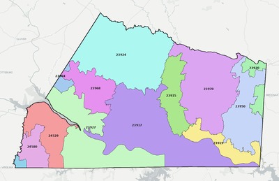 Mecklenburg County VA ZIP code boundaries map