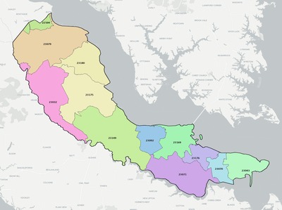 Middlesex County VA ZIP code boundaries map