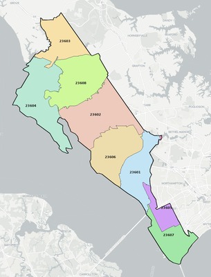 Newport News County VA ZIP code boundaries map