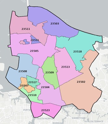 Norfolk County VA ZIP code boundaries map