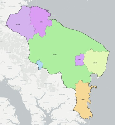 Northumberland County VA ZIP code boundaries map