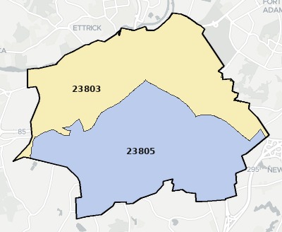 Petersburg County VA ZIP code boundaries map