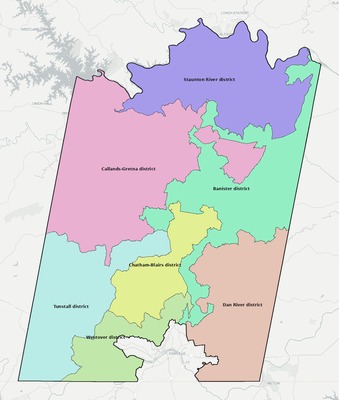 Pittsylvania County VA townships and subdivisions map