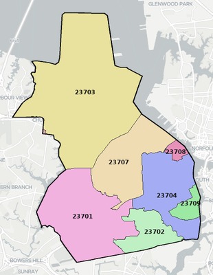Portsmouth County VA ZIP code boundaries map