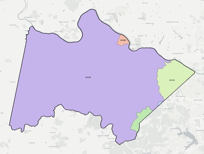 Powhatan County VA ZIP code boundaries map