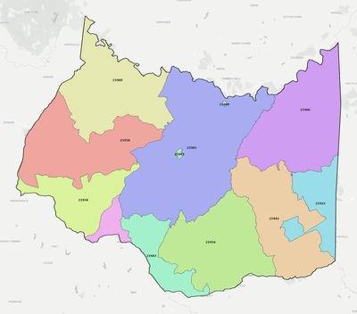 Prince Edward County VA ZIP code boundaries map