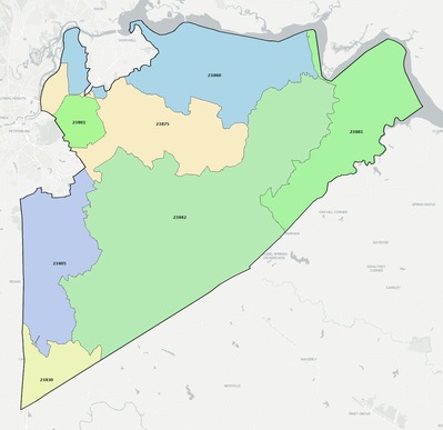 Prince George County VA ZIP code boundaries map