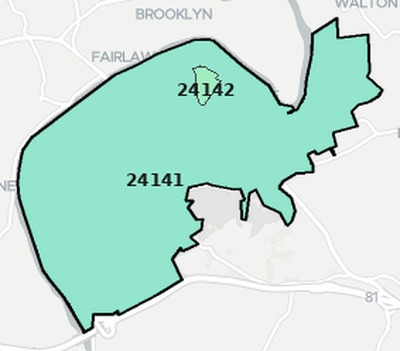 Radford County VA ZIP code boundaries map