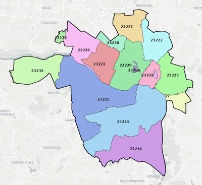 Richmond County VA ZIP code boundaries map