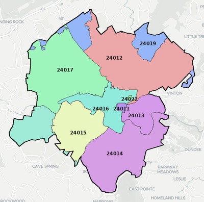 Roanoke County VA ZIP code boundaries map