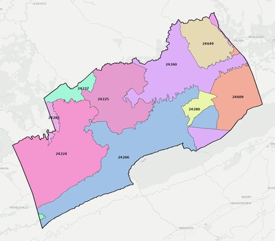 Russell County VA ZIP code boundaries map