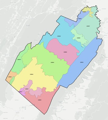 Shenandoah County VA ZIP code boundaries map