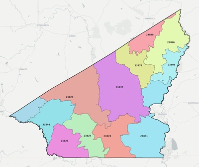 Southampton County VA ZIP code boundaries map