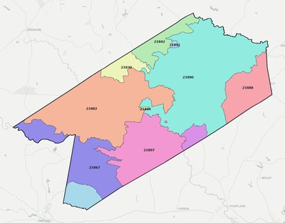 Sussex County VA ZIP code boundaries map