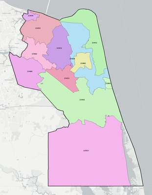 Virginia Beach County VA ZIP code boundaries map