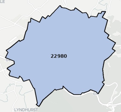 Waynesboro County VA ZIP code boundaries map