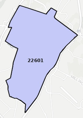 Winchester County VA ZIP code boundaries map