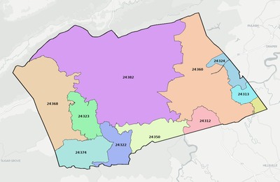 Wythe County VA ZIP code boundaries map