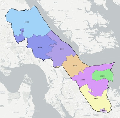 York County VA ZIP code boundaries map