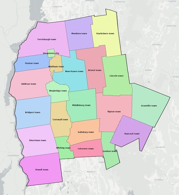 Addison County VT townships and subdivisions map