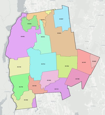 Addison County VT ZIP code boundaries map