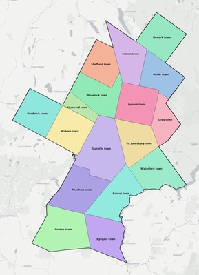 Caledonia County VT townships and subdivisions map