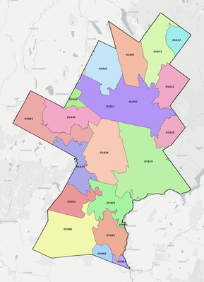 Caledonia County VT ZIP code boundaries map