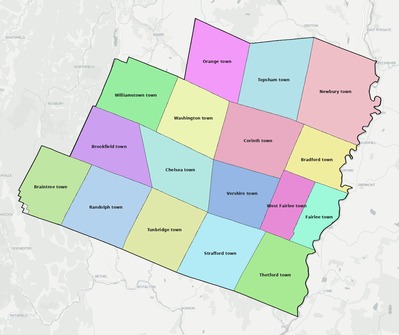 Orange County VT townships and subdivisions map
