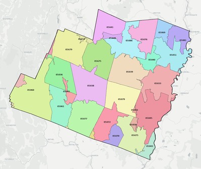 Orange County VT ZIP code boundaries map