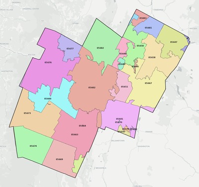 Washington County VT ZIP code boundaries map
