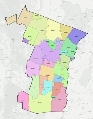Windsor County VT ZIP code boundaries map