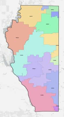 Adams County WI ZIP code boundaries map