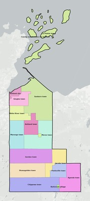 Ashland County WI townships and subdivisions map
