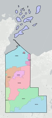 Ashland County WI ZIP code boundaries map