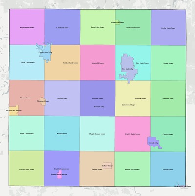 Barron County WI townships and subdivisions map